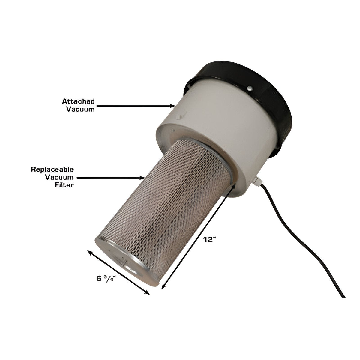 Atlas PSBC990 replaceable vacuum filter cartridge close-up, dimensions labeled