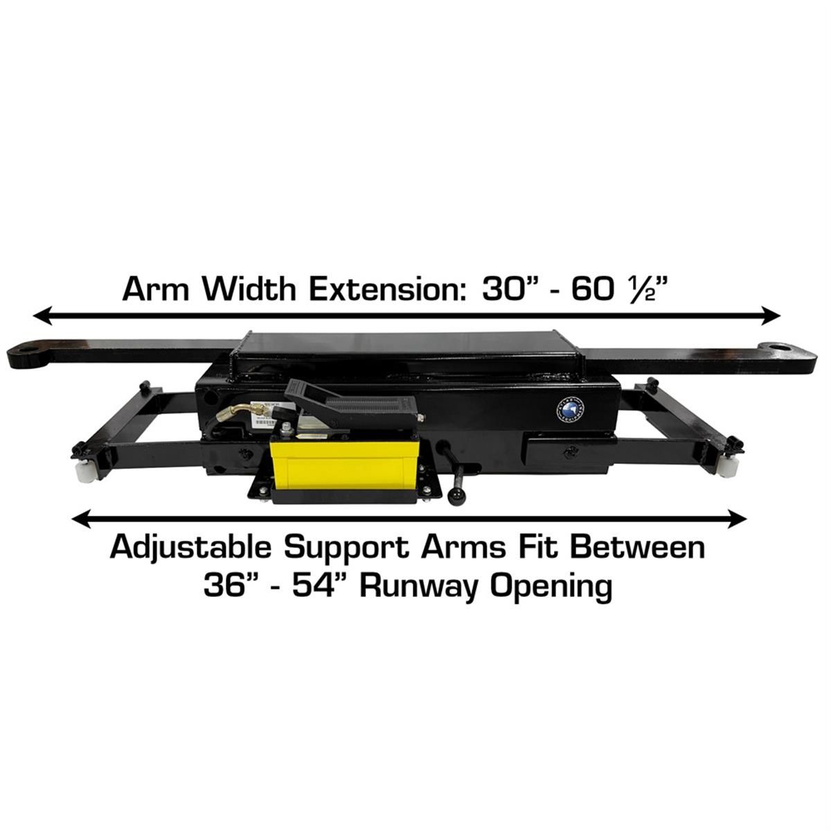 Atlas RJ45A top view, adjustable support arms fitting a 36 to 54 inch runway opening