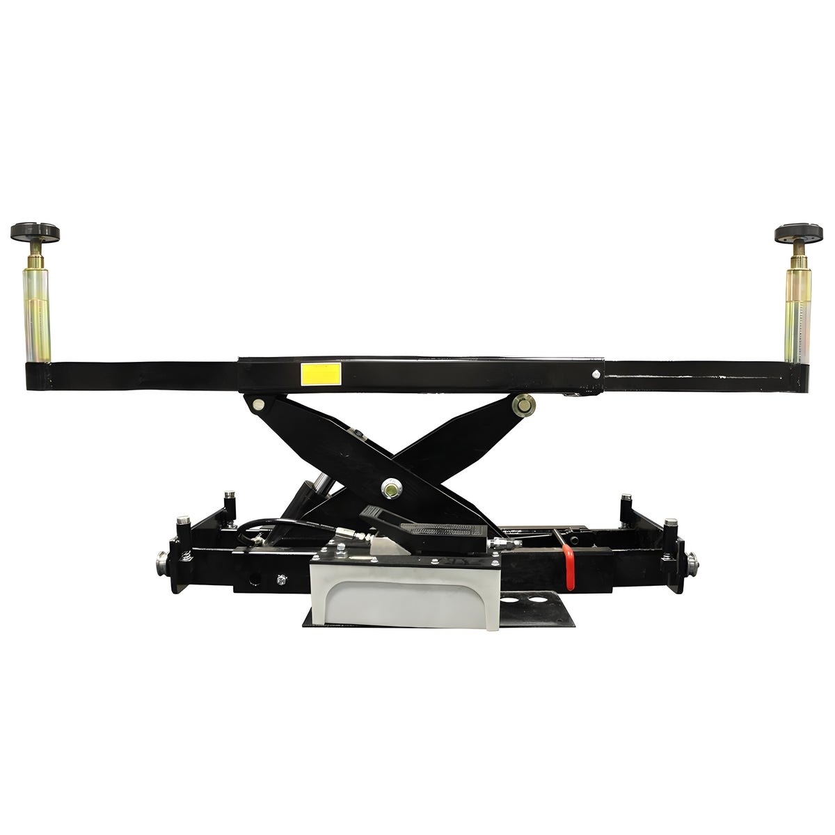 Atlas RJ8A rolling bridge jack, front view showing telescoping arm, scissor mechanism, safety lock cranks, and hydraulic pump with foot pedal