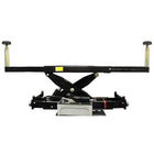 Atlas RJ8A rolling bridge jack, front view showing telescoping arm, scissor mechanism, safety lock cranks, and hydraulic pump with foot pedal