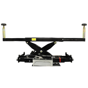 Atlas RJ8A rolling bridge jack, front view showing telescoping arm, scissor mechanism, safety lock cranks, and hydraulic pump with foot pedal