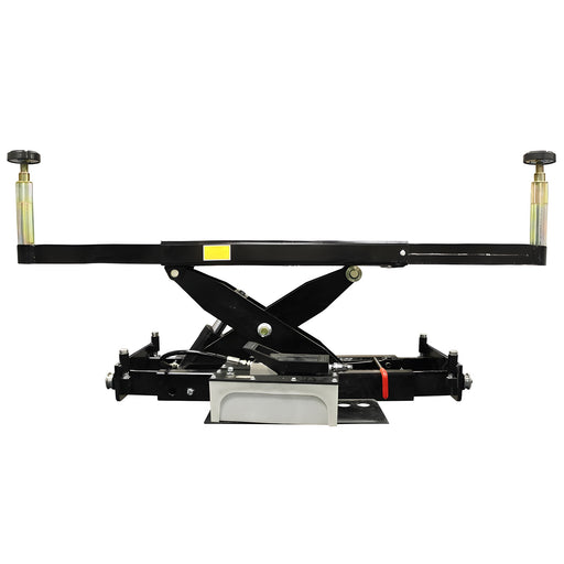 Atlas RJ8A rolling bridge jack, front view showing telescoping arm, scissor mechanism, safety lock cranks, and hydraulic pump with foot pedal