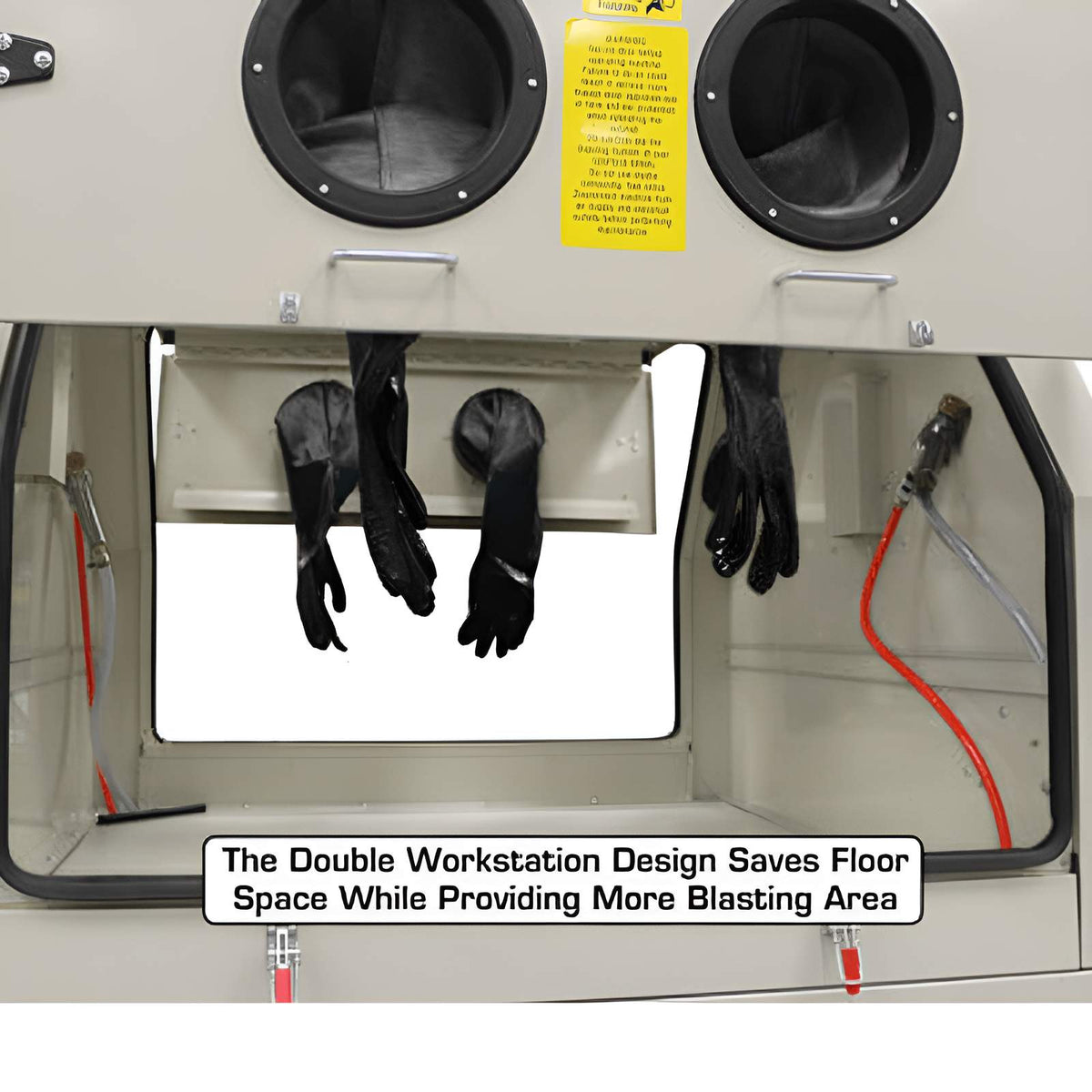 SBC1200 dual glove ports and blasting gun on the double workstation front panel
