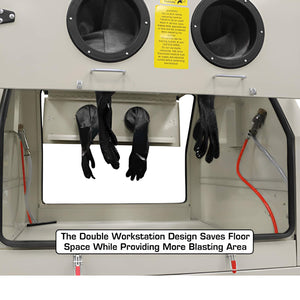 SBC1200 dual glove ports and blasting gun on the double workstation front panel