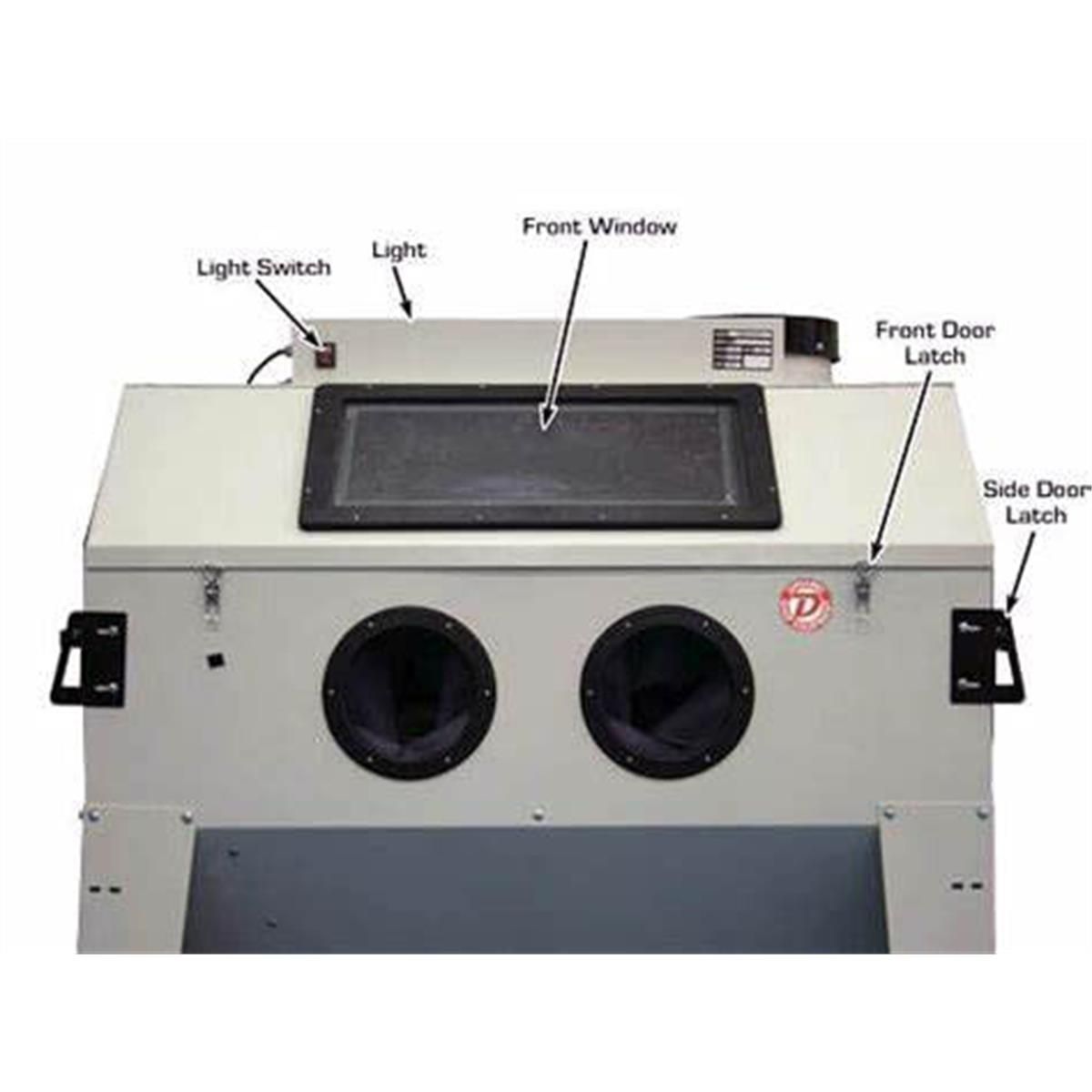Atlas SBC420 front panel with tinted window, dual glove ports, light switch, and door latches
