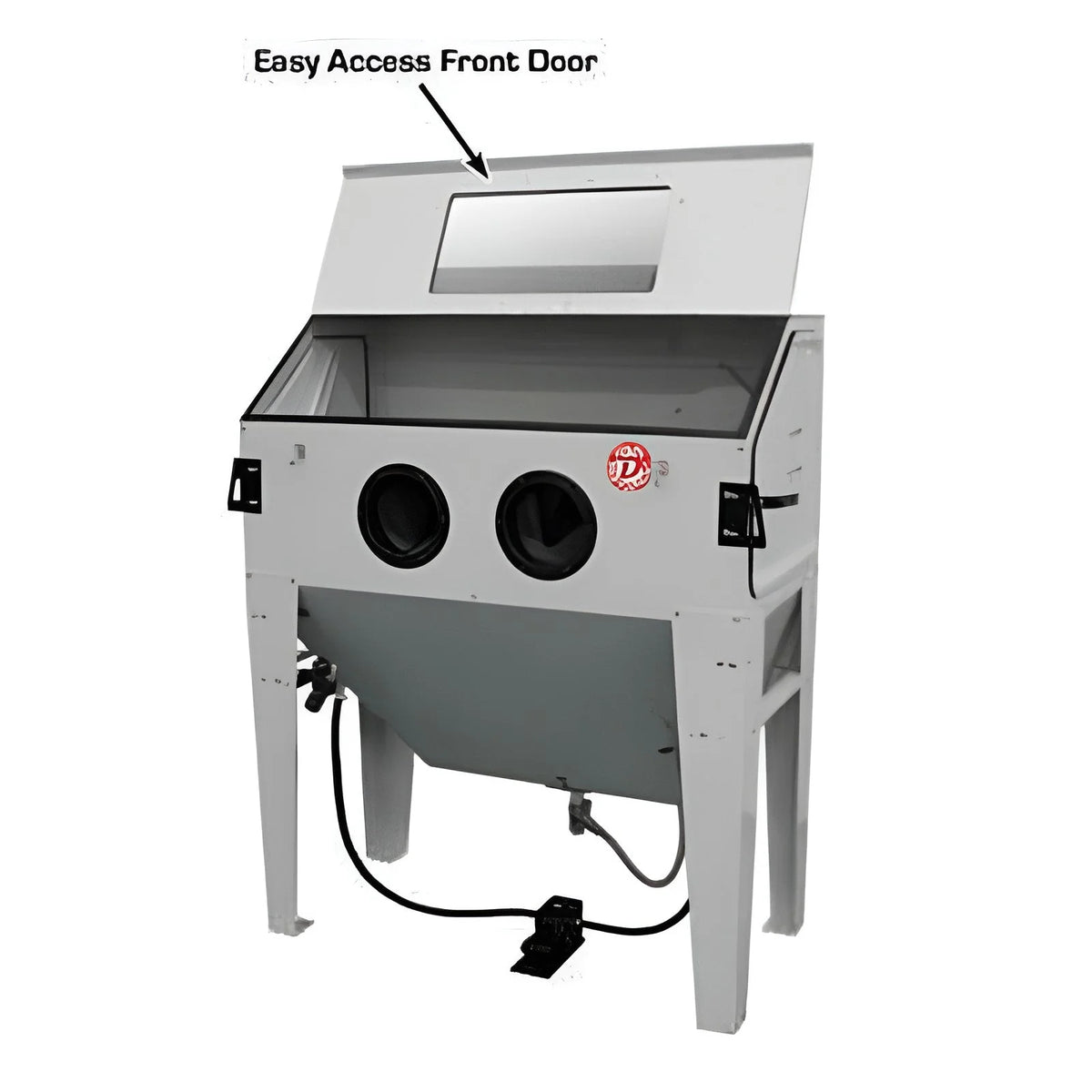 Atlas SBC420 sandblast cabinet with the top-load front door raised for access