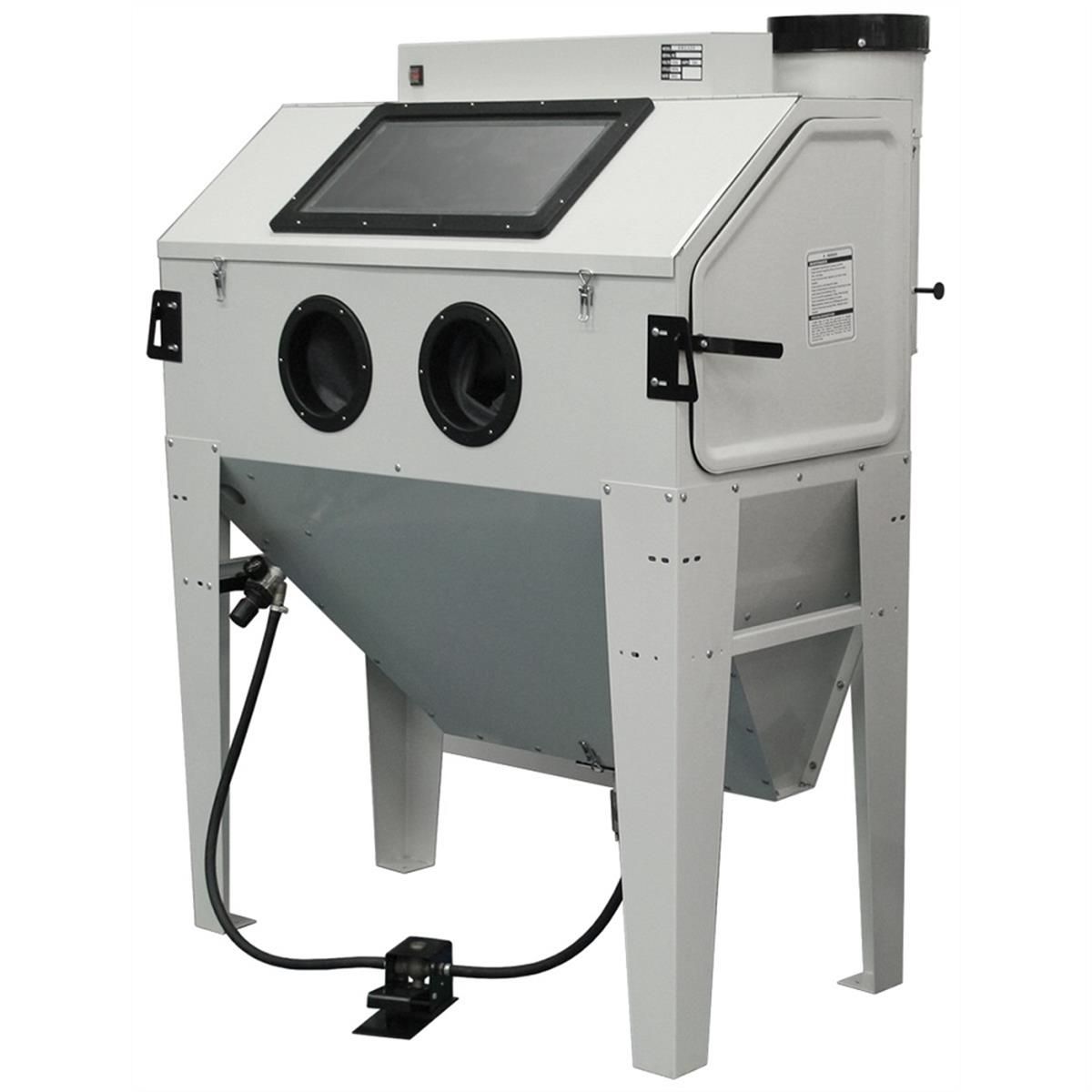 Atlas SBC420 sandblast cabinet, front three-quarter view with top window, dual glove ports, and foot pedal