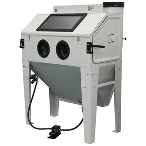 Atlas SBC420 sandblast cabinet, front three-quarter view with top window, dual glove ports, and foot pedal