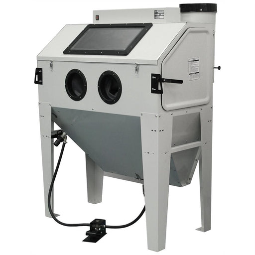 Atlas SBC420 sandblast cabinet, front three-quarter view with top window, dual glove ports, and foot pedal