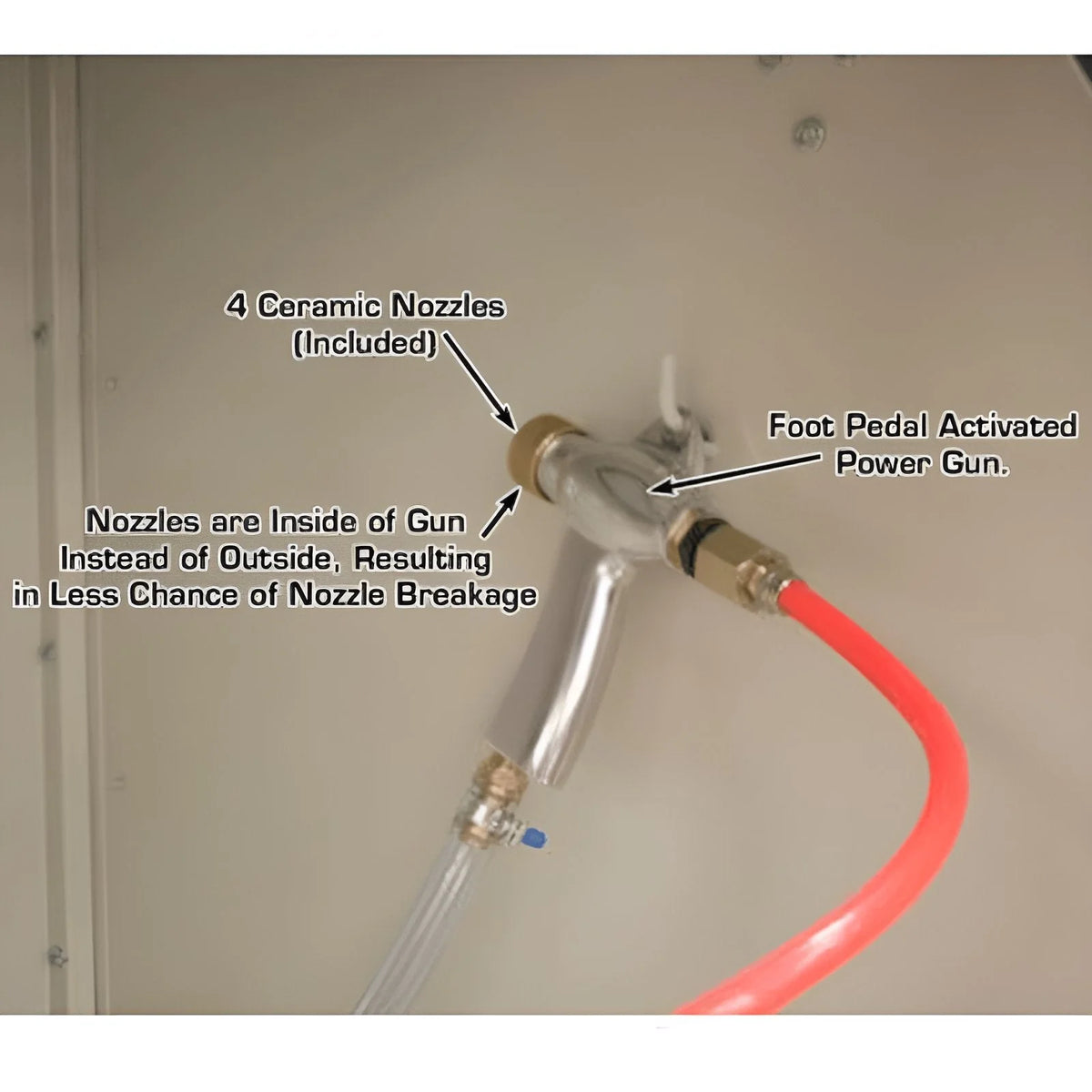 SBC990 blasting gun and foot-pedal hose inside the cabinet work area