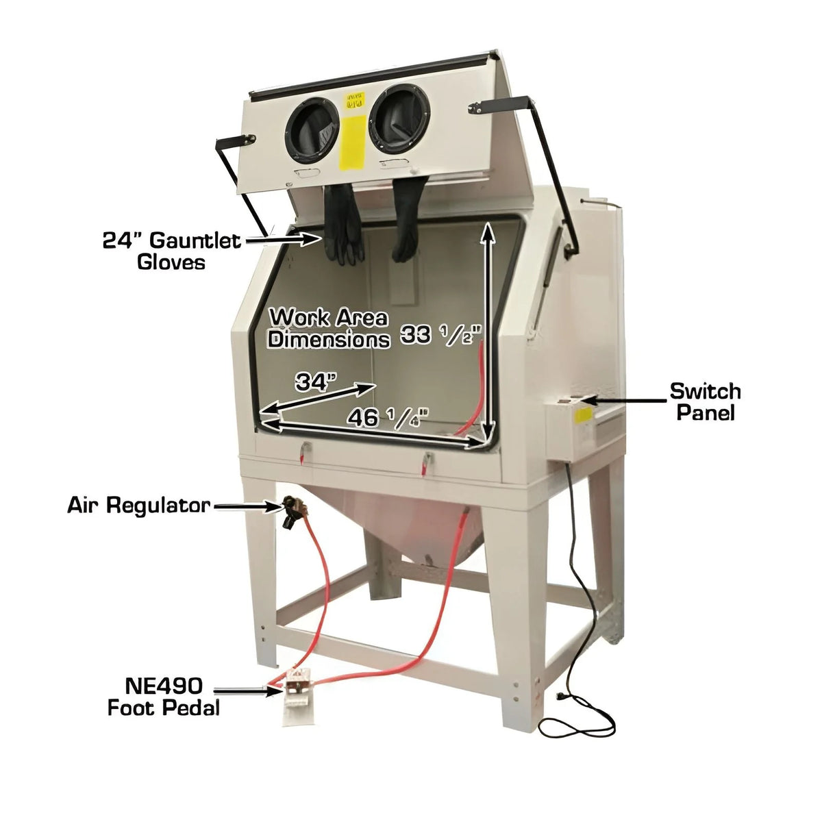 SBC990 front view with callouts: work area, gauntlet gloves, foot pedal, air regulator, switch panel