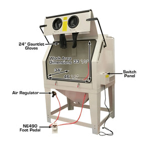 SBC990 front view with callouts: work area, gauntlet gloves, foot pedal, air regulator, switch panel