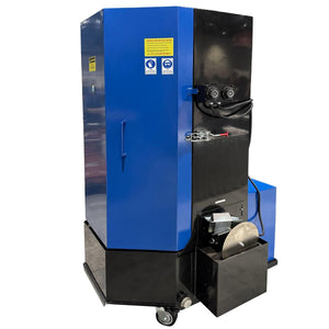Atlas STW-750 spray wash cabinet, black-and-blue cabinet front-quarter view with side-mounted controls and oil skimmer