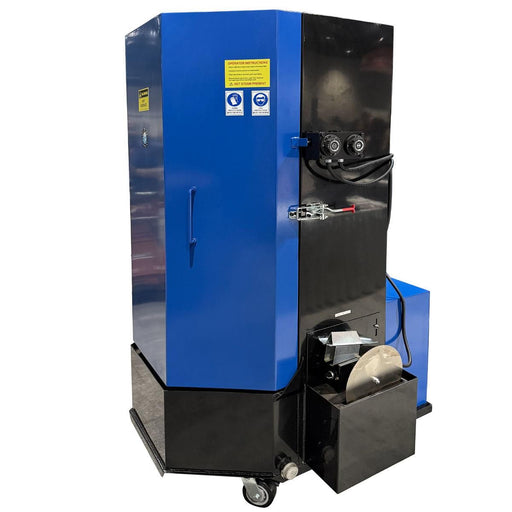 Atlas STW-750 spray wash cabinet, black-and-blue cabinet front-quarter view with side-mounted controls and oil skimmer