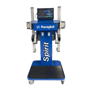 Atlas TD6000CNA Ravaglioli Spirit truck alignment cart with Windows 10 tablet and four Bluetooth sensor heads on white background