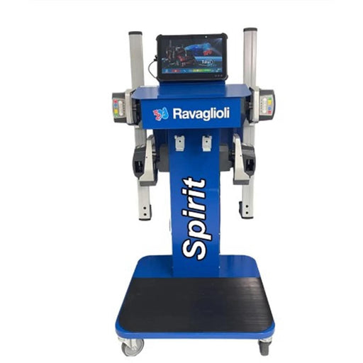 Atlas TD6000CNA Ravaglioli Spirit truck alignment cart with Windows 10 tablet and four Bluetooth sensor heads on white background