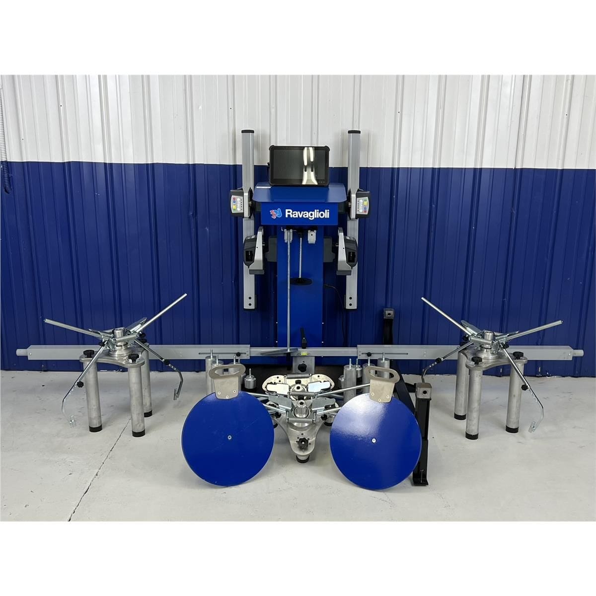 Atlas TD6000CNA Spirit truck aligner full kit deployed: cart, four wheel clamps, turntables, and trailer alignment fixture