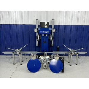 Atlas TD6000CNA Spirit truck aligner full kit deployed: cart, four wheel clamps, turntables, and trailer alignment fixture