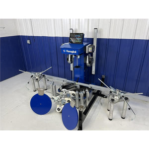Atlas TD6000CNA Spirit alignment system three-quarter view with deployed clamps, turntables, and adapter set