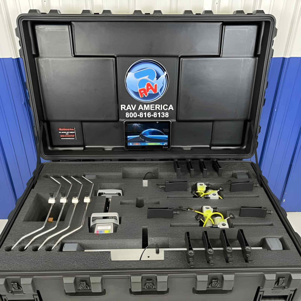 Atlas TD6000CNAK1 ESM1 case interior with four 8CCD Bluetooth sensor heads, ruggedized tablet, and component foam layout