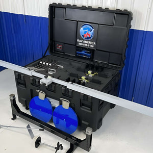 Atlas TD6000CNAK1 ESM1 alignment system staged on rack with pair of superlight alloy turn tables and brake pedal depressor