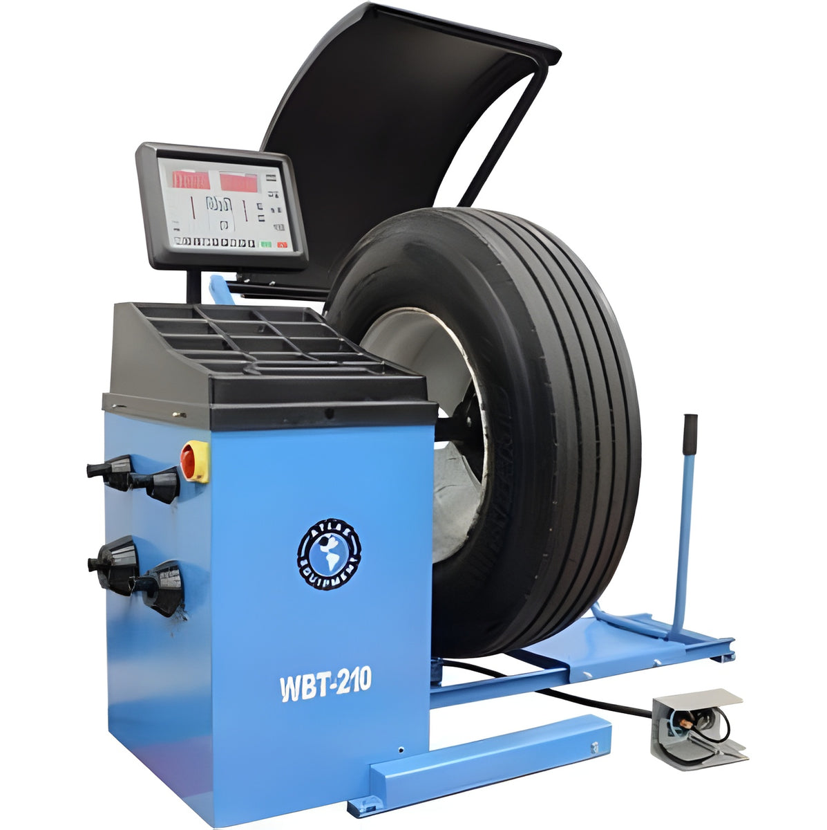 Atlas WBT-210 wheel balancer with tire mounted, hood open