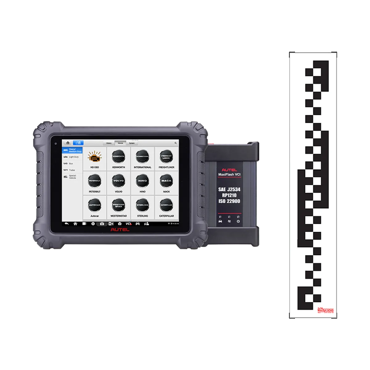 Autel CVAGLS CV ADAS Standard Glass Calibration Package — MaxiSYS MS909CV diagnostic tablet displaying commercial-vehicle brand menu, MaxiFlash VCI2 interface, and CV calibration target pattern panel