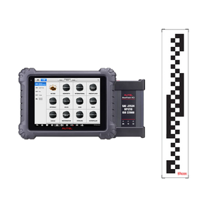 Autel CVAGLS CV ADAS Standard Glass Calibration Package — MaxiSYS MS909CV diagnostic tablet displaying commercial-vehicle brand menu, MaxiFlash VCI2 interface, and CV calibration target pattern panel