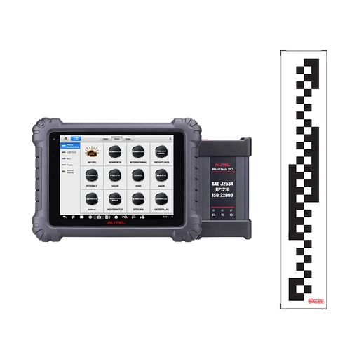 Autel CVAGLS CV ADAS Standard Glass Calibration Package — MaxiSYS MS909CV diagnostic tablet displaying commercial-vehicle brand menu, MaxiFlash VCI2 interface, and CV calibration target pattern panel