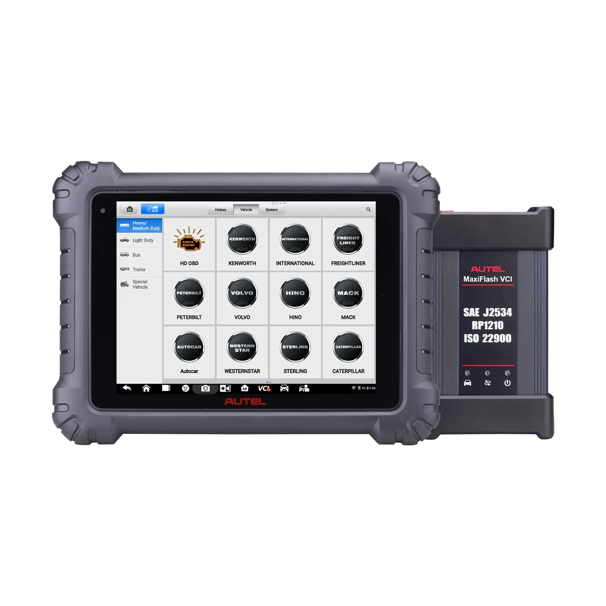 Autel MaxiSYS MS909CV diagnostic tablet paired with the MaxiFlash VCI2 vehicle communication interface for commercial-vehicle ADAS calibration