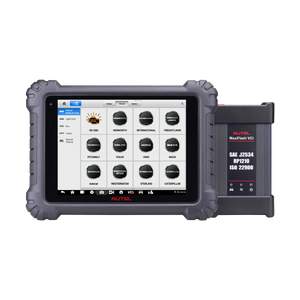 Autel MaxiSYS MS909CV diagnostic tablet paired with the MaxiFlash VCI2 vehicle communication interface for commercial-vehicle ADAS calibration