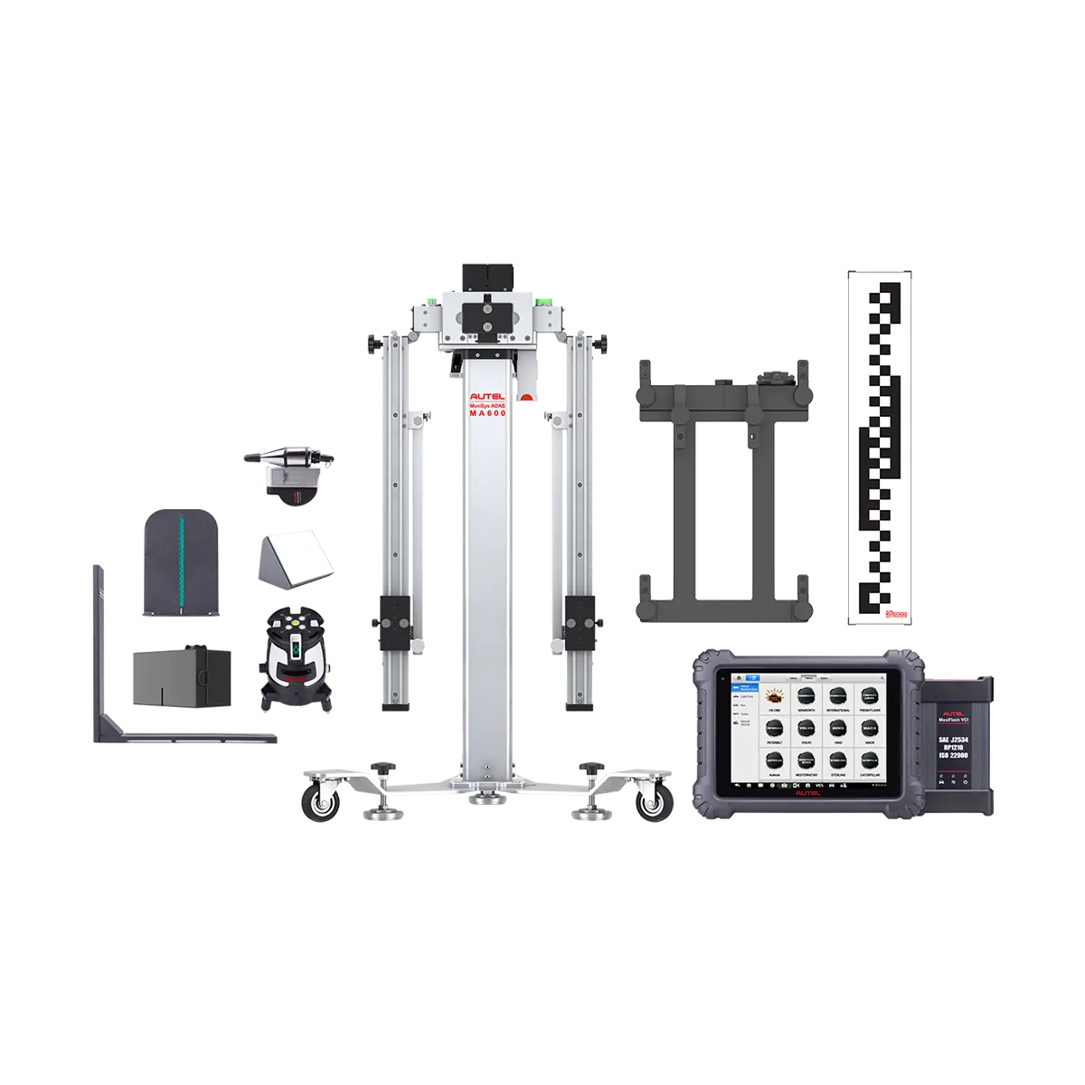 Autel CVCOREGLS CV ADAS Core Glass Package laid out: MA600 mobile frame, MS909CV tablet, CV pattern board, lasers, L-bracket, and pattern bracket