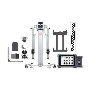 Autel CVCOREGLS CV ADAS Core Glass Package laid out: MA600 mobile frame, MS909CV tablet, CV pattern board, lasers, L-bracket, and pattern bracket