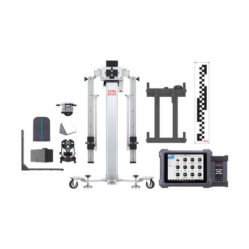 Autel CVCOREGLS CV ADAS Core Glass Package laid out: MA600 mobile frame, MS909CV tablet, CV pattern board, lasers, L-bracket, and pattern bracket