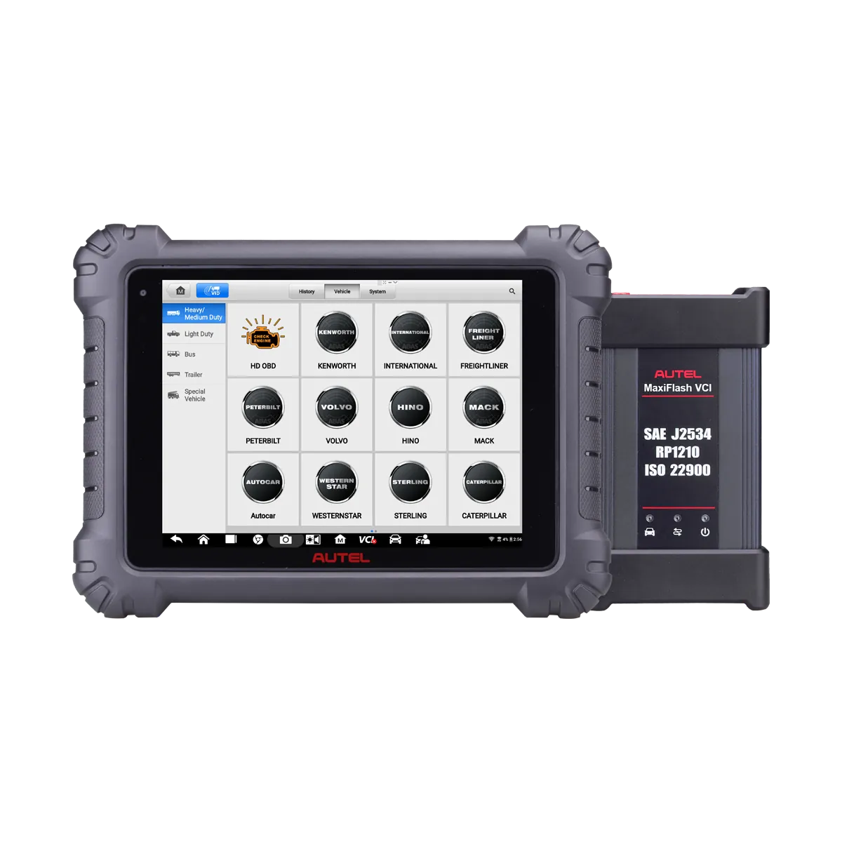 Autel MaxiSYS MS909CV tablet with MaxiFlash VCI showing heavy-duty truck make selection screen