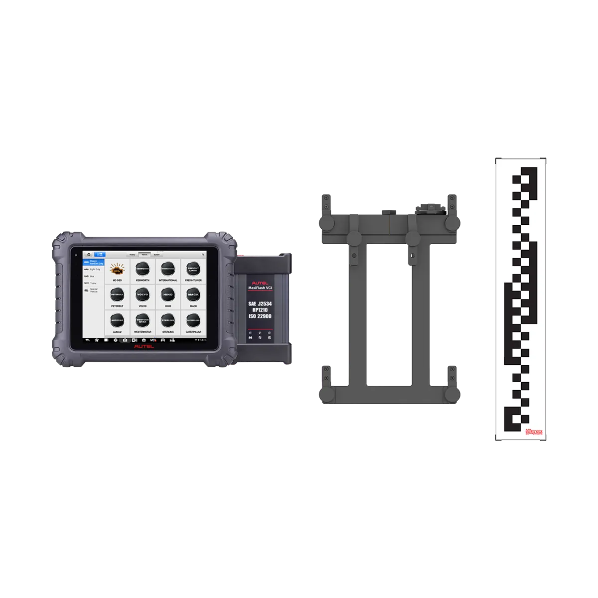 Autel CVMAGLS package: MaxiSYS MS909CV tablet with MaxiFlash VCI, pattern bracket, and CV calibration pattern