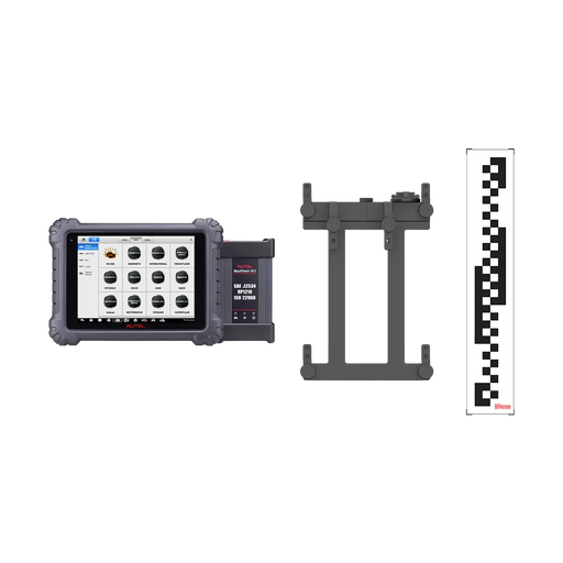Autel CVMAGLS package: MaxiSYS MS909CV tablet with MaxiFlash VCI, pattern bracket, and CV calibration pattern