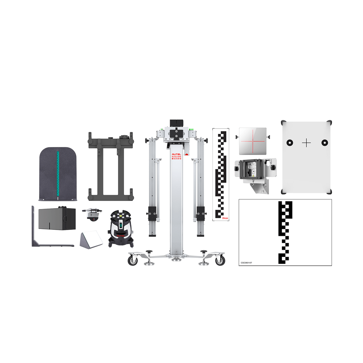 Autel CVMALDW kit layout: MA600 mobile ADAS frame, LDW targets, CV pattern, ACC reflector, rotary laser, target storage case