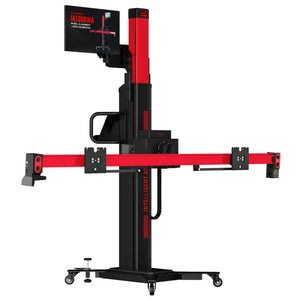 Autel IA1000 ADAS calibration frame, front 3/4 view with attached display monitor