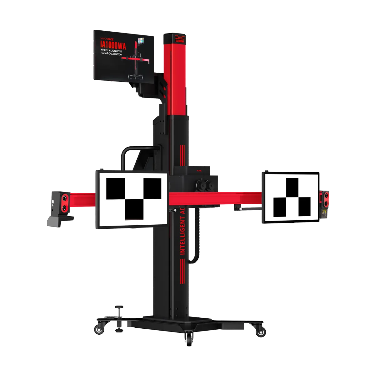 Autel IA1000 calibration frame, 3/4 angle with checkerboard targets and wheel alignment cameras