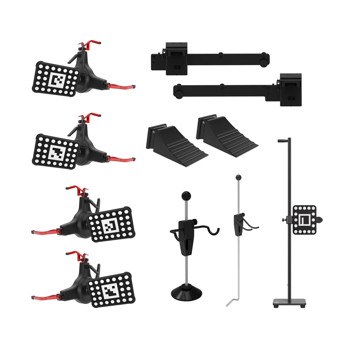 Autel IA1000 included accessories — four wheel-clamp targets, two AVM modules, two wheel chocks, steering wheel lock, brake lock, distance target