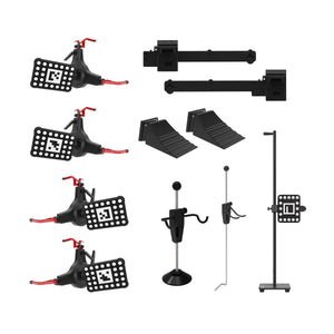 Autel IA1000 included accessories — four wheel-clamp targets, two AVM modules, two wheel chocks, steering wheel lock, brake lock, distance target