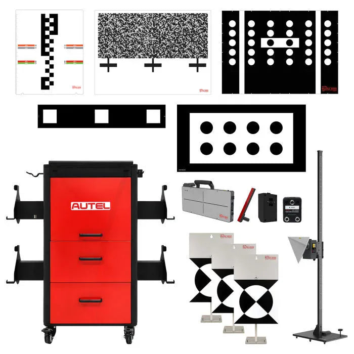 Autel IA1000AST All-Systems kit contents: LDW physical targets, AVM mats, ADAS storage cabinet, corner reflector case