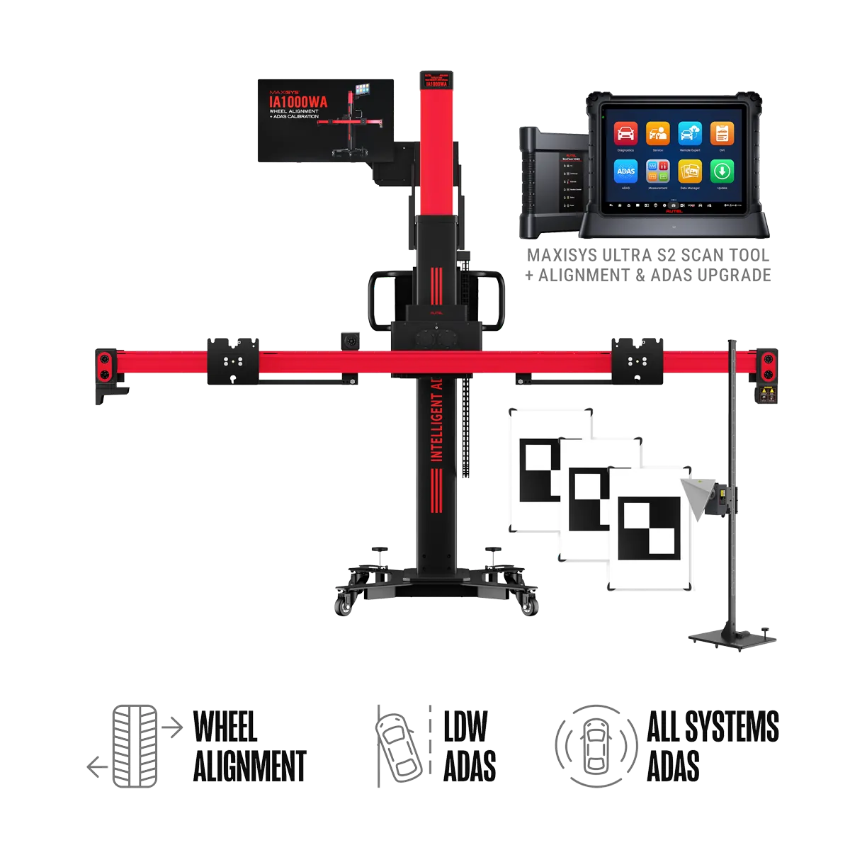 Autel IA1000AST All-Systems package: IA1000 frame, MaxiSYS Ultra S2 tablet, LDW targets, AVM mat on stand