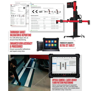 Sample Guided ADAS Report and target placement validation alongside the IA1000 frame, MaxiSYS Ultra S2 tablet, and a technician deploying the green laser line for floor pattern positioning