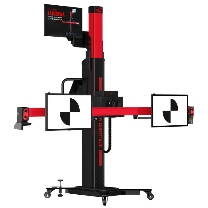 Autel IA1000WA calibration frame three-quarter angle view with crossbar deployed and dual calibration target patterns on the arms