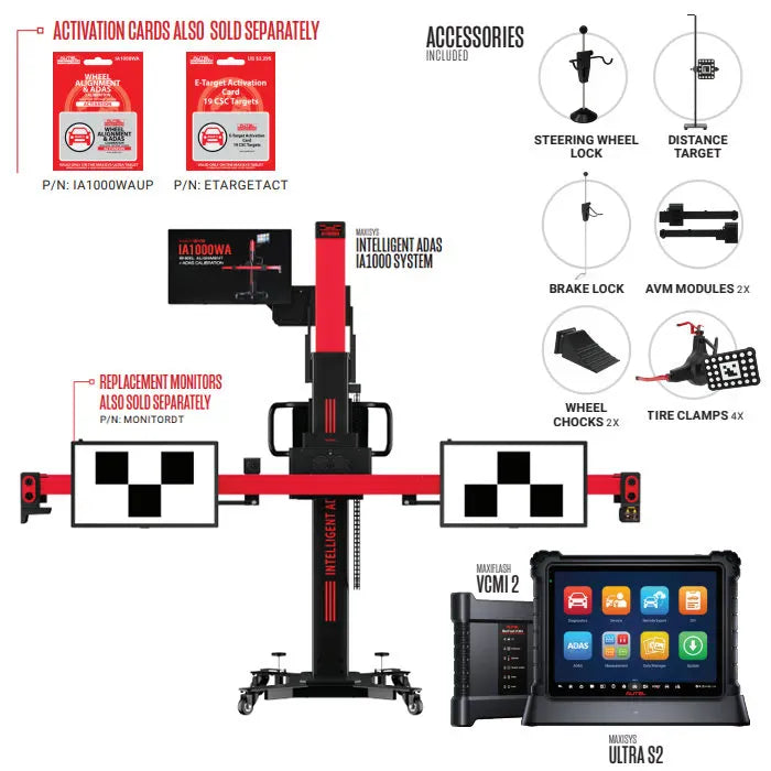 IA1000WA system with checkerboard digital target monitors, callouts for included accessories (steering wheel lock, distance target, brake lock, AVM modules, wheel chocks, tire clamps), MaxiFlash VCMI2 and MaxiSYS Ultra S2 tablet