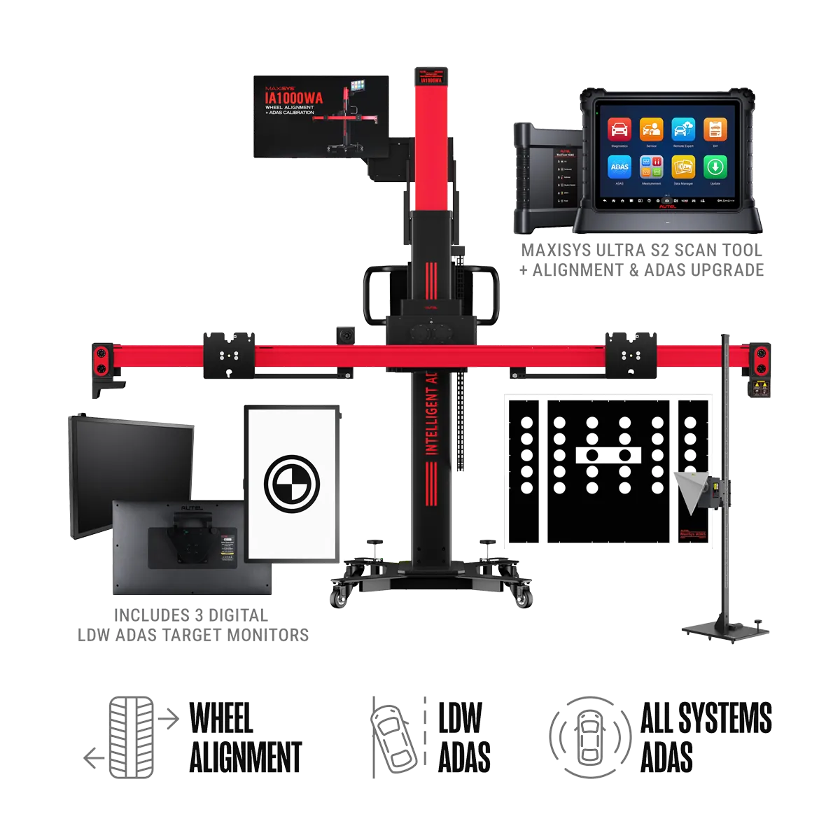 Autel IA1000ASTDT All-Systems ADAS calibration frame with MaxiSYS Ultra S2 tablet, three digital LDW target monitors, and physical target board