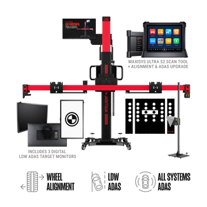 Autel IA1000ASTDT All-Systems ADAS calibration frame with MaxiSYS Ultra S2 tablet, three digital LDW target monitors, and physical target board