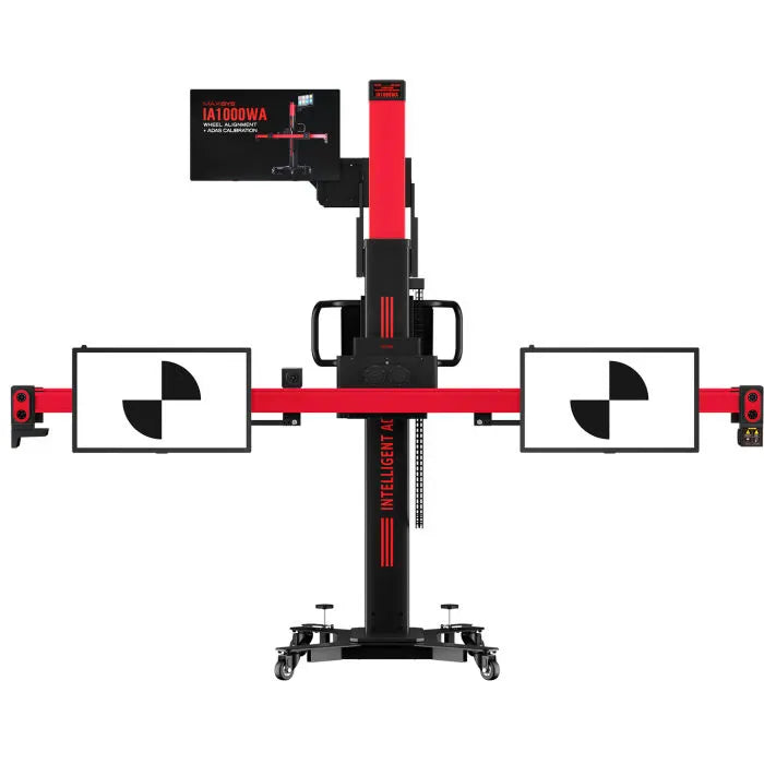 Autel IA1000DT front view with crossbar arms fully deployed and two digital LDW target panels in place